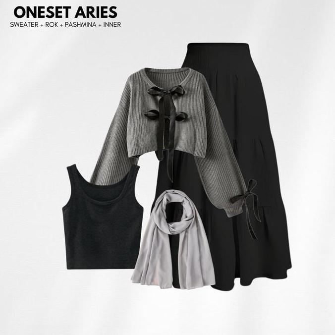 Aries Outfit Set Wanita Kekinian ( Sweater Rajut Pita + Rok Susun Ruffle + Tanktop + Pashmina Ceruty