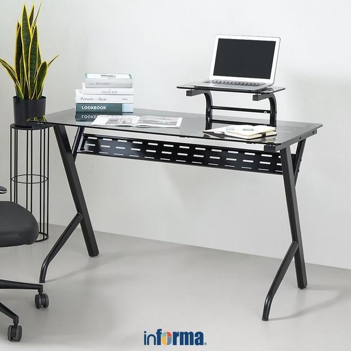 Informa Leto Meja Kantor Kaca - Hitam Meja Kerja Meja Belajar Laptop Tempat Kerja Perabot Kantor