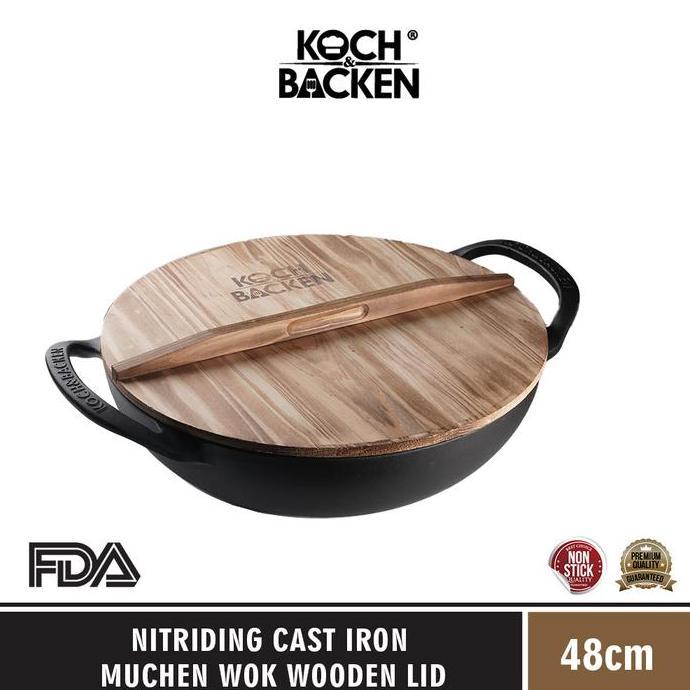 Nitriding Munchen With Wooden Lid 48Cm - Wajan Kuali Jumbo Besi Cor Murni Anti Lengket Allshop