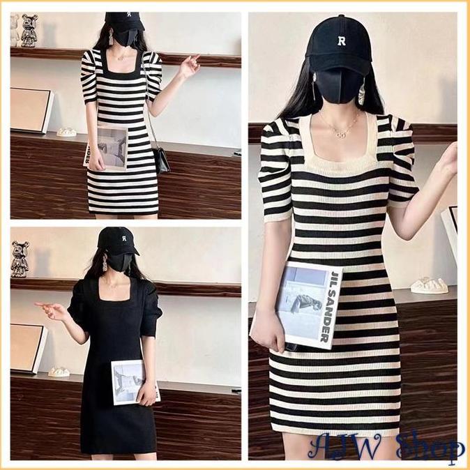 BL91 }} [SBZ] Mini Dress Wanita U Neck Puffy Knit Premium | Dress Press Body Puffy U Neck Rajut Prem