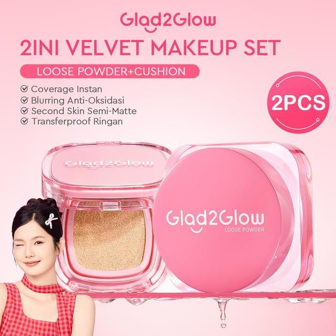 Lansungkirim- Glad2Glow 2Ini Velvet Makeup Set-Loose Powder+Cushion Mix Berry Extract Air Blurry Tec