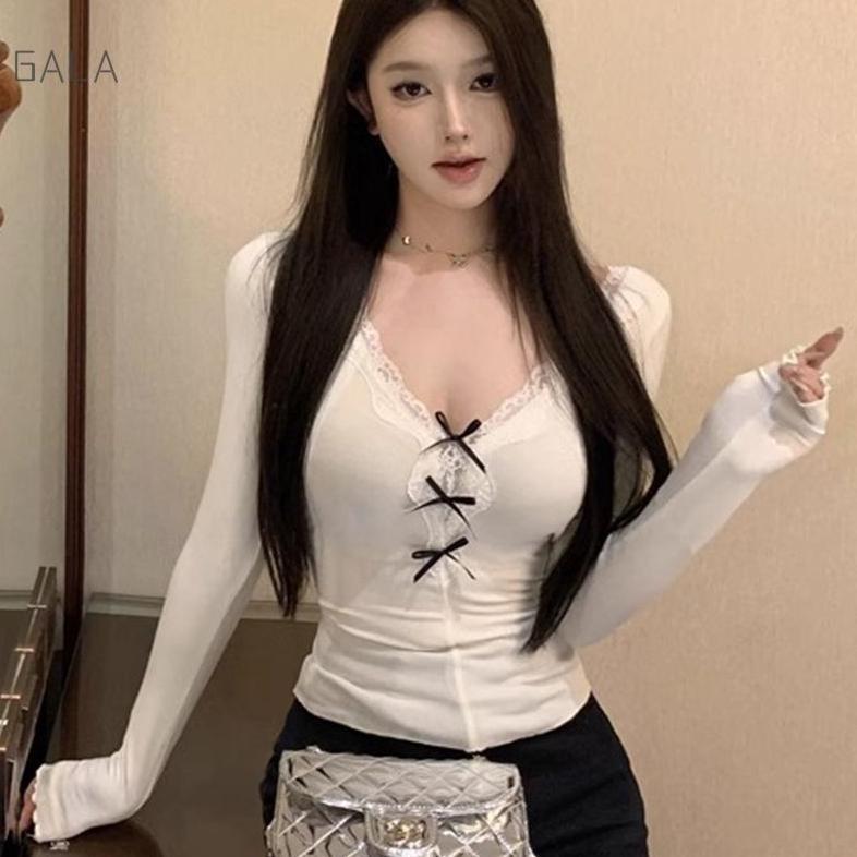 Terlaris Sexy Lace Crop Top Baju Wanita Korea V-Neck Crop Top Lengan Panjang Ga