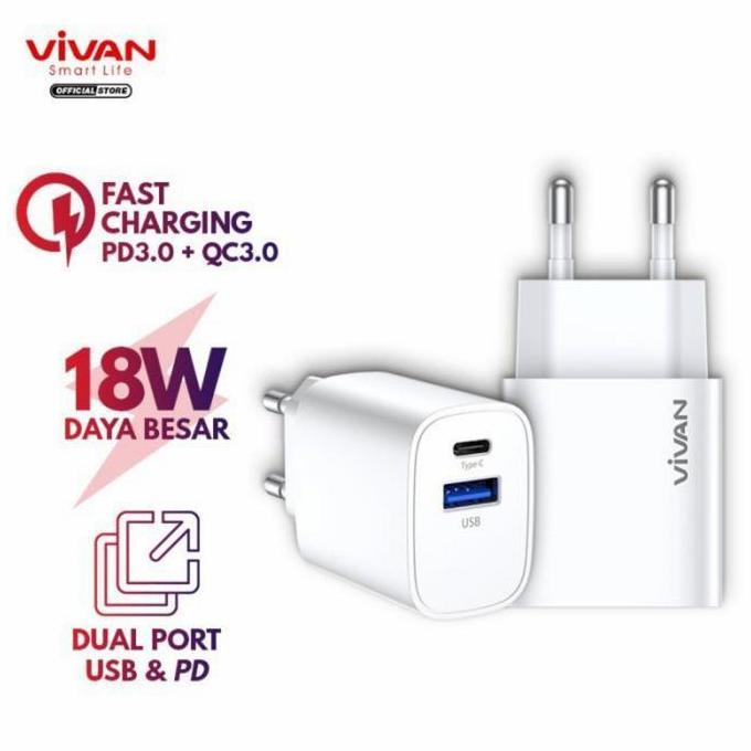 TERBARU - Vivan Charger 18 W Dual Port - Charger Vivan Power Turbo 18 QC 3.0+PD