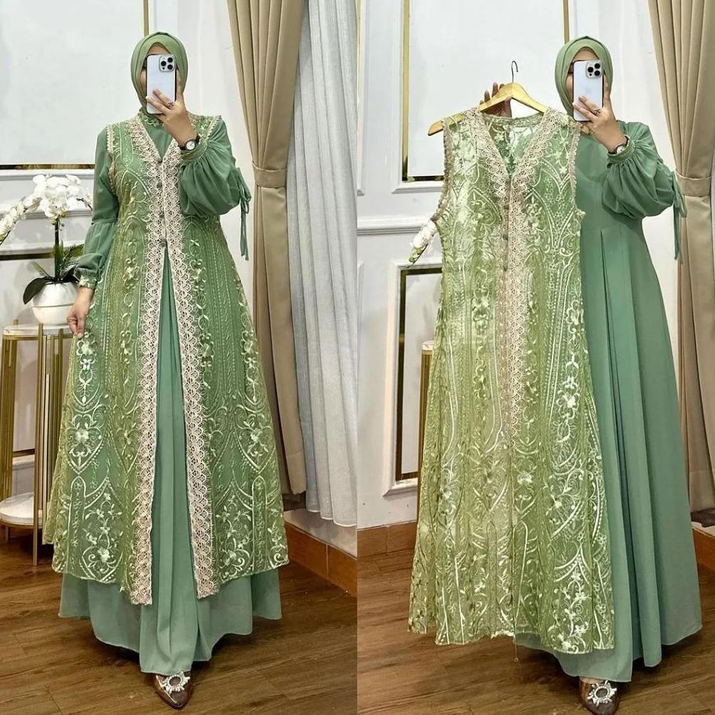 BIG SALE GAMIS ABAYA PUTIH BUNGA AZIZAH DRESS BAHAN CERUTY BABY DOLL MIX BROKAT FULL PURING GAMIS PU