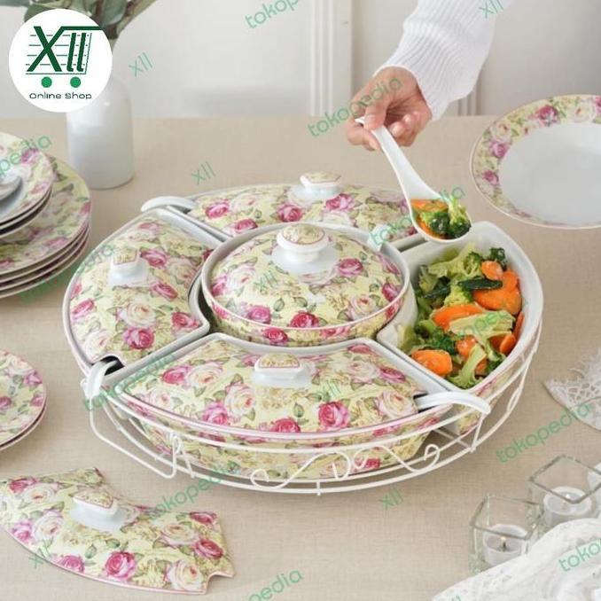 Vicenza Ha~14 Rose Round Roller Bowl Set Wadah Saji Prasmanan 5 Sekat