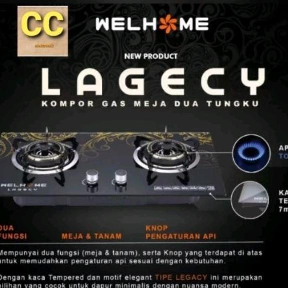 Kompor Gas Meja Welhome 2 Tungku Kompor Welhome Lagecy Kaca Tempered Sni