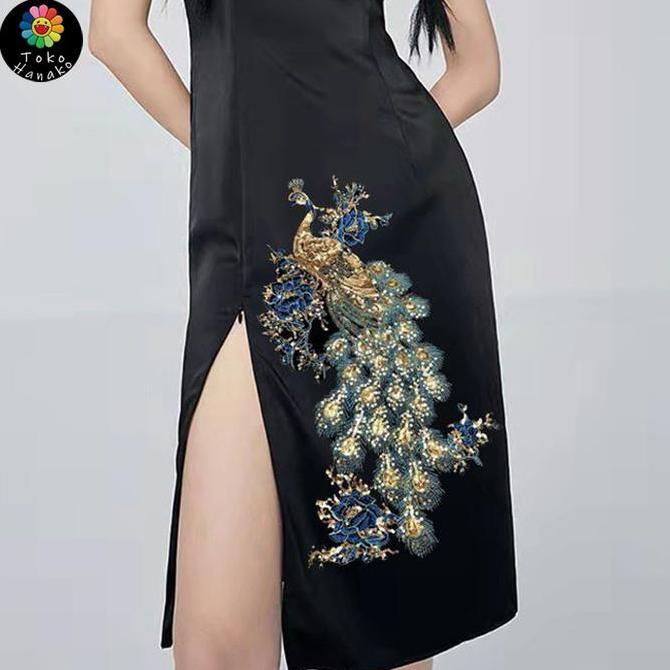 NOXAZA Bordir Burung Merak Full Payet 47cm Bordir Dada Payet Bordir Merak Tempel Payet Bordir Tempel