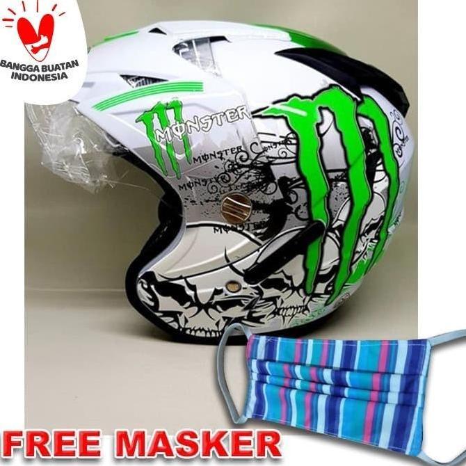 Helm Helmet Helem double visor BXP motif monster Putih Hijau