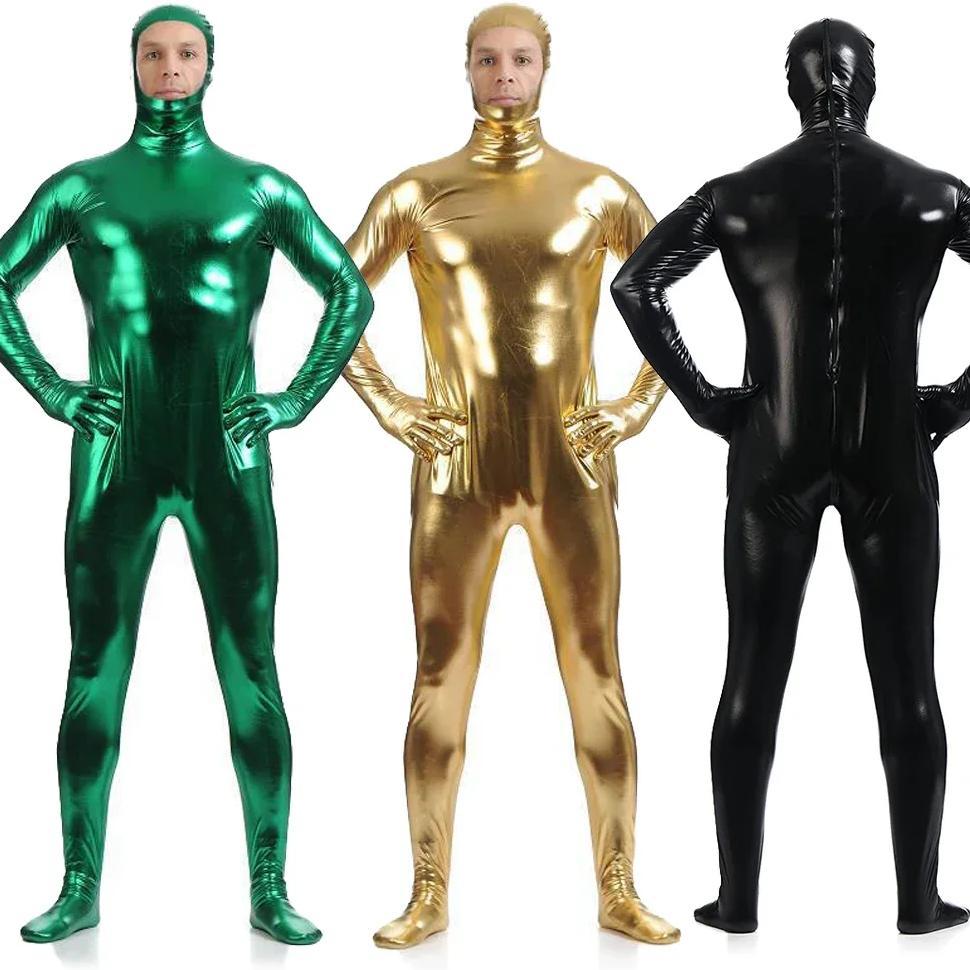 2025 Halloween Combinaison Catsuit en Spandex brillant pour adultes, visage ouvert, Faux cuir mtalli