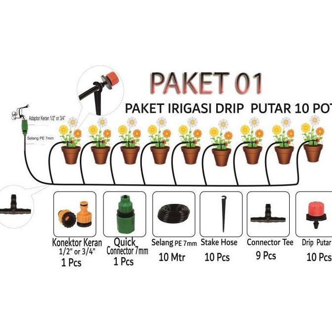 Paket Irigasi Pot Drip Putar 10 Pot / Drip Putar / Paket 01