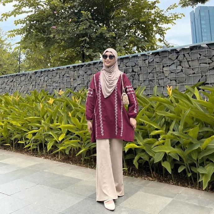 Laura Tunik Tunic atasan raya lebaran Idul fitri Ethnic Cantik Linen Muslim Panjang Wanita Katun Bas