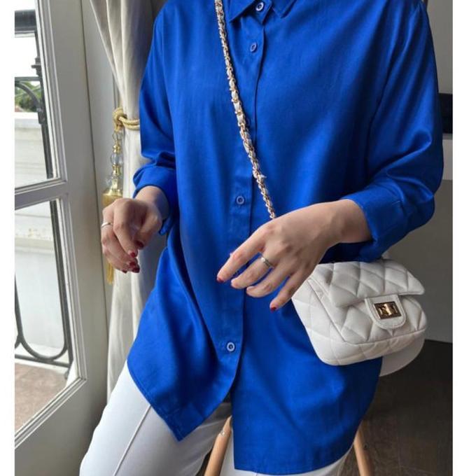 Termurah / Hot Sale Ra Fashion Atasan Kemeja Oversize Cewek Warna Biru Birell Trand Bahan Rayon Twil
