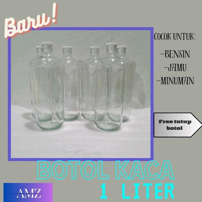 BOTOL BENSIN ECERAN UKURAN 1 LITER ( ISI 10 BOTOL DAN TUTUP) Kaca