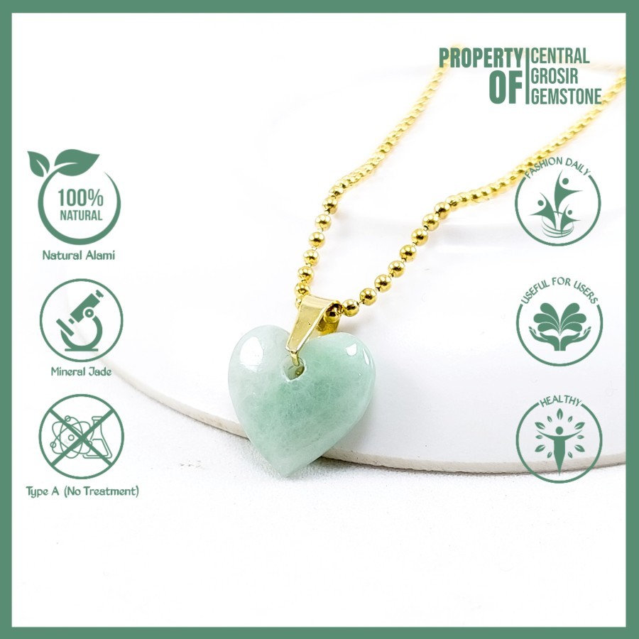 Kalung Titanium Wanita Liontin Love Batu Giok Natural Jadeite Jade Ori