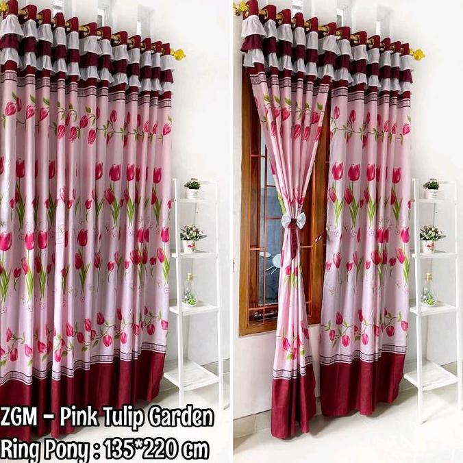 Dimari- Gorden Rumbai Pintu Jendela Minimalis Murah Ring 12 Ukuran 135X220 Motif Pink Tulip Garden (