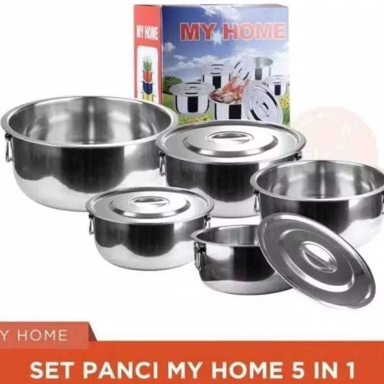 Panci Set Mangkok Stainless Wadah Sayur Baskom Plus Tutup Stock Pot 5in1