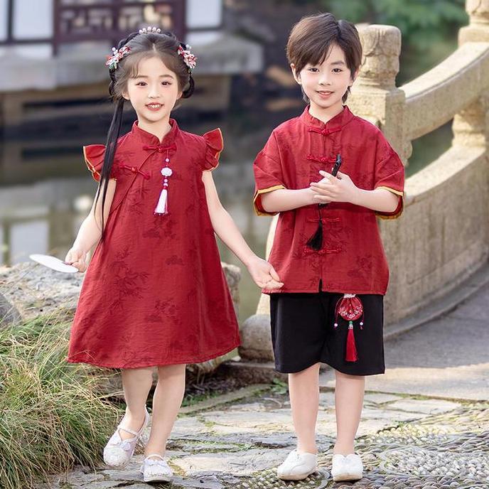 Termurah / Hot Sale Cheongsam Hanfu Couple Anak Imlek Cny Merah / Dress Qibao Anak Perempuan Merah