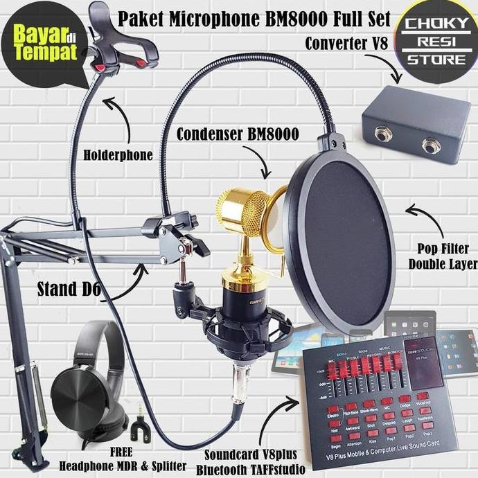 Paket Microphone BM8000 Full Set Soundcard V8plus