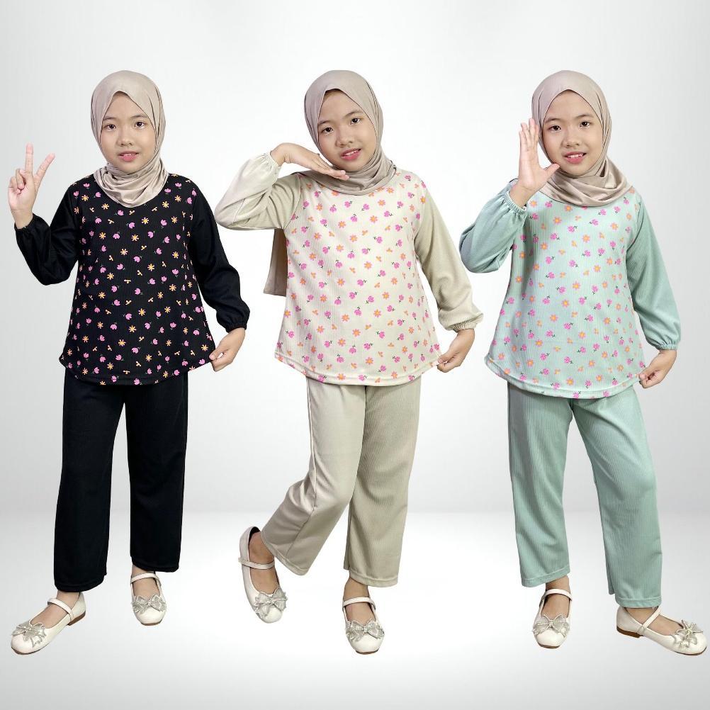 Setelan Baju Celana One Set Anak Floren Bahan Knit Japan Motif Bunga GOGOFASHION 858