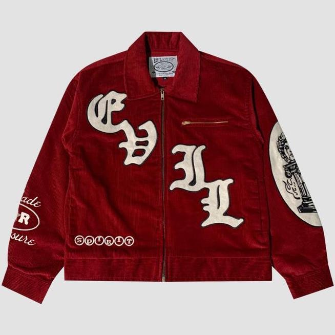 Evilspiritco Jaket Liora Red Unisex Corduroy Dengan Bordir Eksklusif Dan Resleting Ykk Custom Untuk 