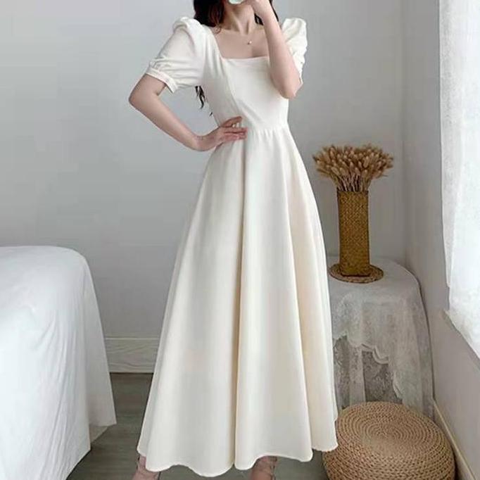 FG01 Dress Wanita Polos Bahan Moscrepe / Dress Leher Kotak / Dress Bodycone / Dress Putih Casual Kar