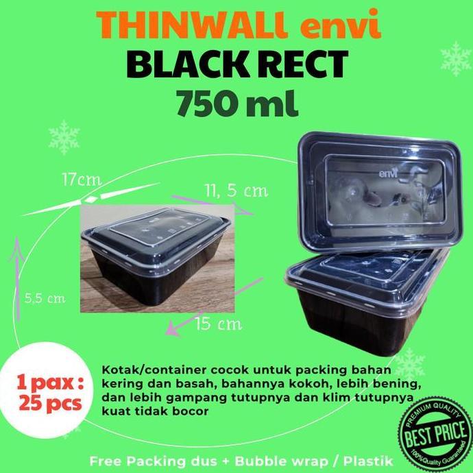Thinwall Kotak Makan Envi Black 750ml Rect ( 750 ml ) isi 25 set