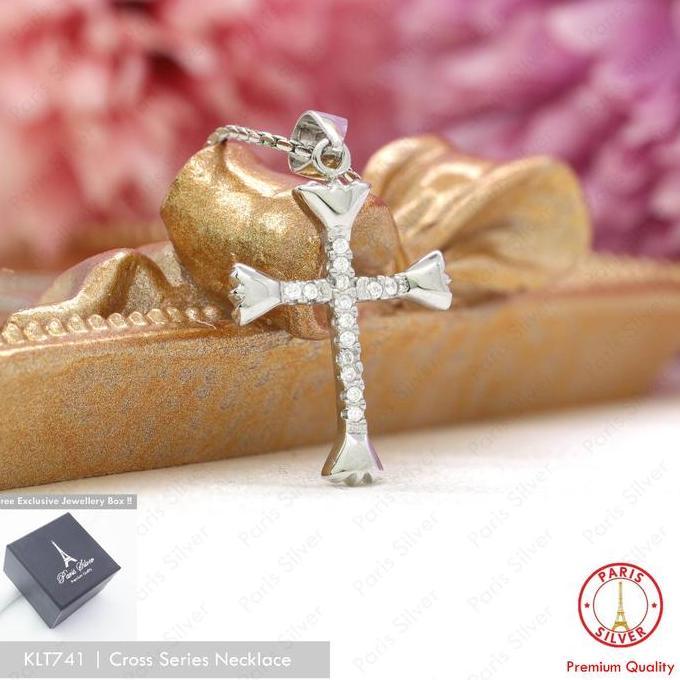 Kalung Salib Perak Asli Permata Silver 925 Lapis Emas Putih Wanita Cewek Bandul Salip