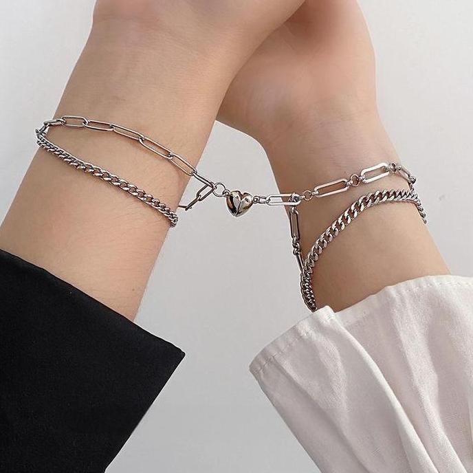 NAKATEKNO Gelang Pasangan Magnet Cinta Jahitan Baja Titanium Pasangan Dua Lapis Bracelet Detak Jantu