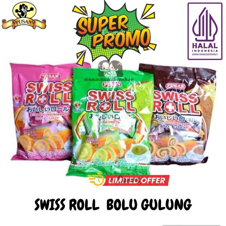 BUNDLE GET 3 PACKAGE PUSAN ROLL BOLU GULUNG ISI KRIM RASA COKELAT STROBERI PANDAN Termurah