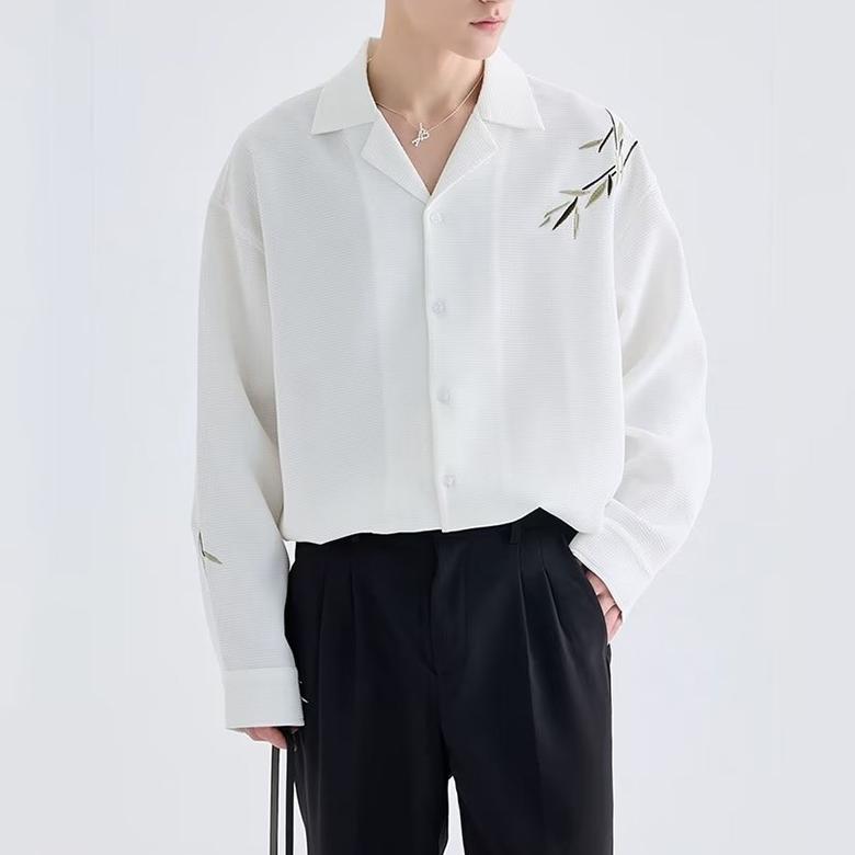 BEST DEALS Kemeja Pria oversize V Neck Kemeja hitam lengan panjang pria Desain bordir daun bambu kan