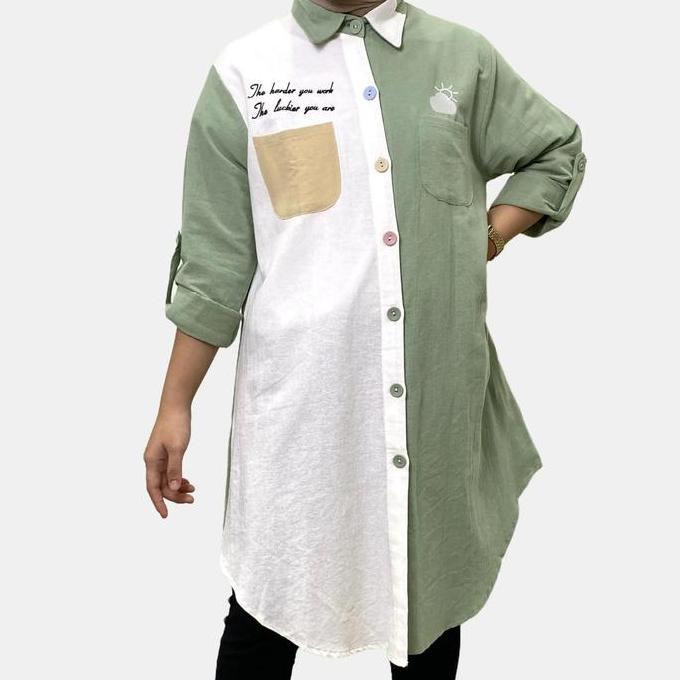 Kemeja Atasan Wanita Baju Muslim Momora Tunik dengan Saku Depan Bordir - Katun Linen Import Polos - 