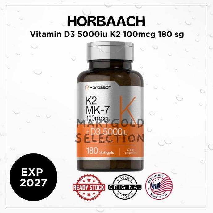 Vitamin D3 125mcg 5000IU K2 MK7 100mcg Horbaach 180 Softgels imunitas Vit D3K2 5000 iu 100 mcg