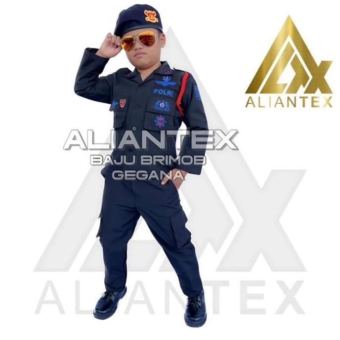 AlianTEX BAJU BRIMOB HITAM POLISI ANAK KOSTUM PROFESI UNISEX SIZE S-XXXXL DENGAN TALIKUR PELOU BARET