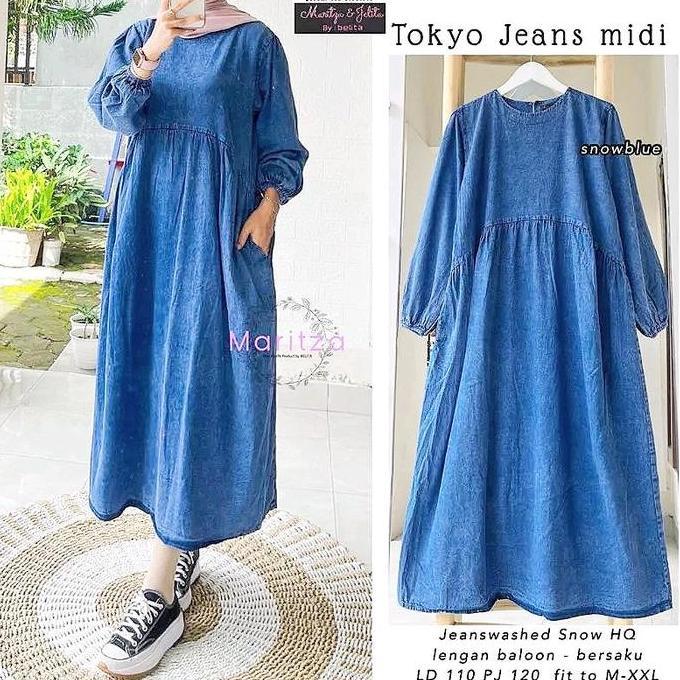 Willply Tokyo Midi Dress Jeans Tunik Gamis Wanita Simpel Elegan Ld 110 Pj 120