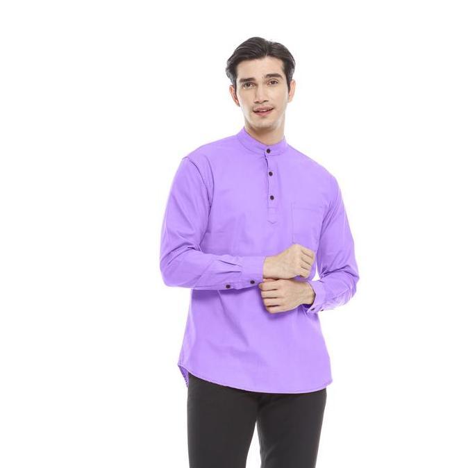Outskirts - Kemeja Koko Lilac Pria Lengan Panjang | Kemeja Koko Pria Ungu Slim Fit Katun Muslim Kurt