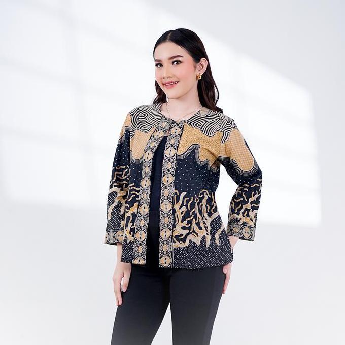 BATIK TRUSMI Outer Batik Wanita Motif Abstrak Kombinasi Aima Coklat Muslim Panjang Tunik Baju Atasan