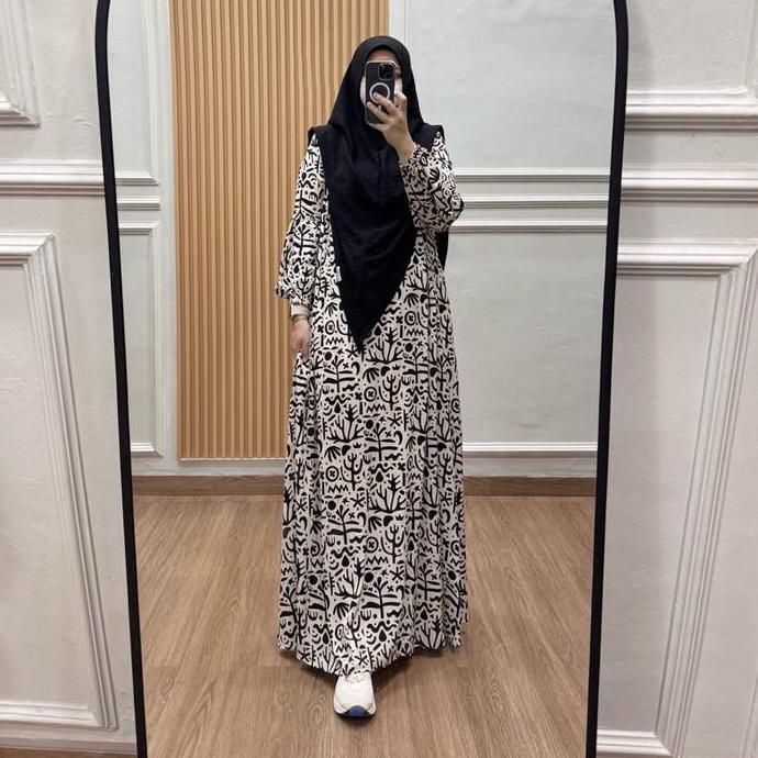 Tania Dress Gamis Rayon Viscose Busui Friendly Tanpa Hijab Manset Karet Tangan Semi Balon