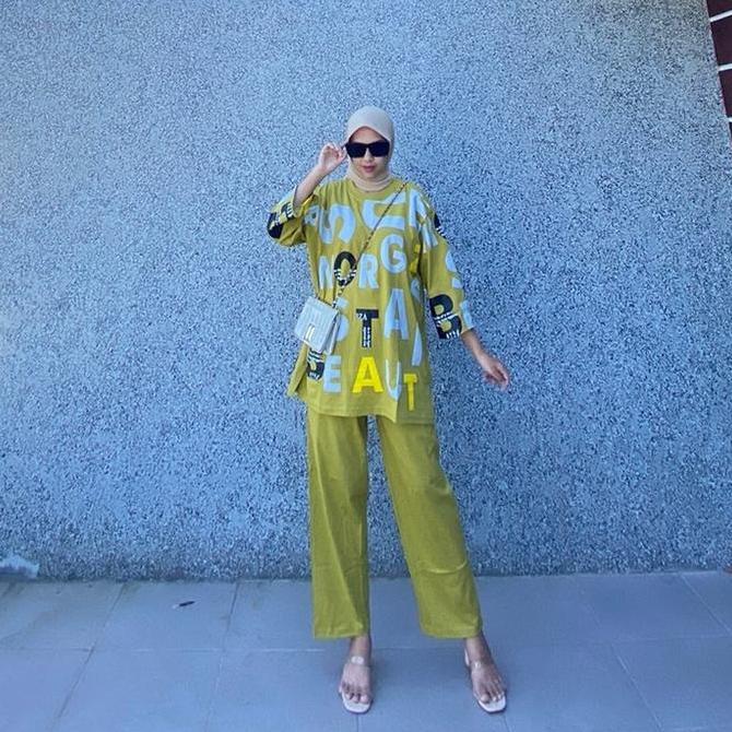 (LS) Setelan Super Jumbo One Set Wanita Kekinian kaos combed full sablon