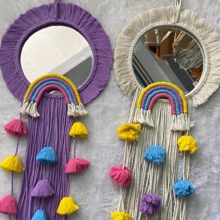MACRAME CERMIN POM POM/1 Set macrame + cermin / Macrame mirror / Cermin aesthetic / Cermin viral / C