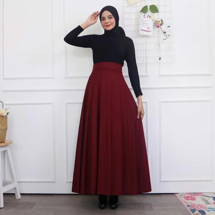 Rok Payung Panjang Wanita Rok Lebar Karet Tebal Muslim Bawahan Maxi Hitam