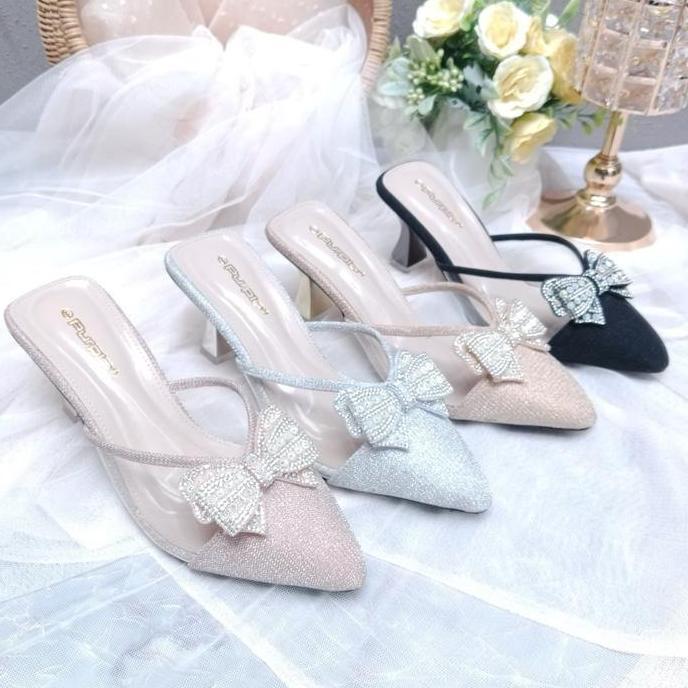 3rabanapusat - purple shoes - lizzy sandal slop wanita pesta high heels hak lancip 7 cm silver salem