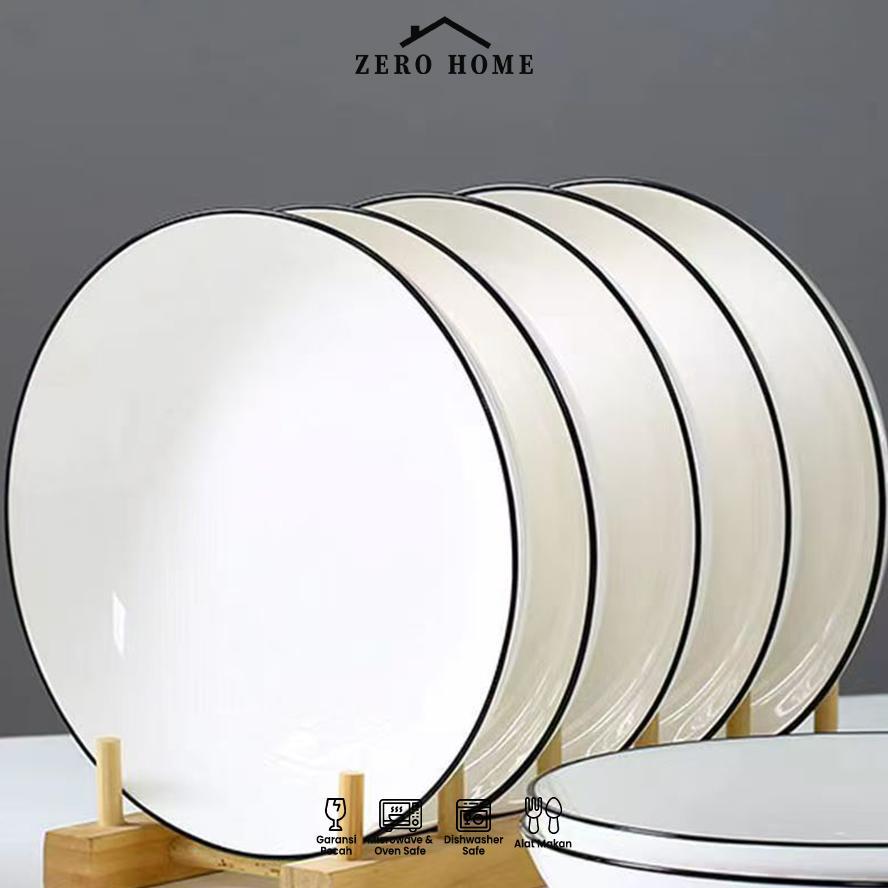 FREE ONGKIR SET PIRING KERAMIK TEBAL LIST ABU 4 PCS ELEGANT MEWAH / PIRING SAJI CANTIK SULTAN MEWAH