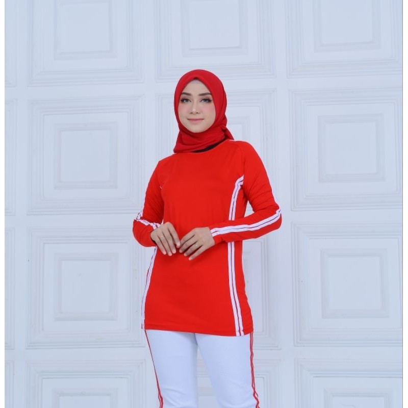 Setelan Baju Senam Wanita / Stelan Baju Olahraga Senam Wanita / Seragam Merah Putih