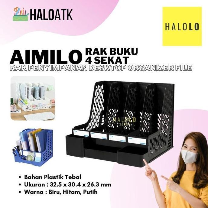 Rak Buku Sekat Aimilo Desktop Organizer File Rak Buku 4 Sekat Alat Plastik Putih