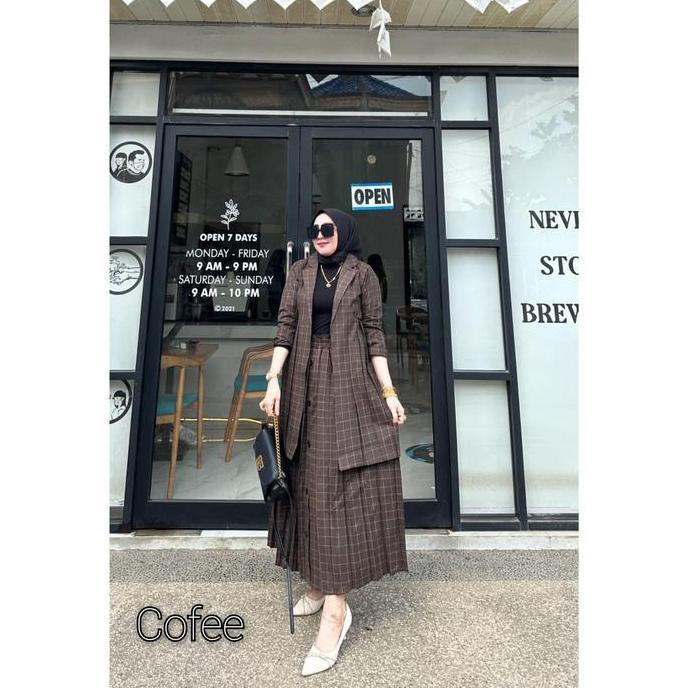 Setelan OneSet Rok Blazer Kotak CEO Plisket Wanita Bahan Flanel Ukuran Standar & Jumbo