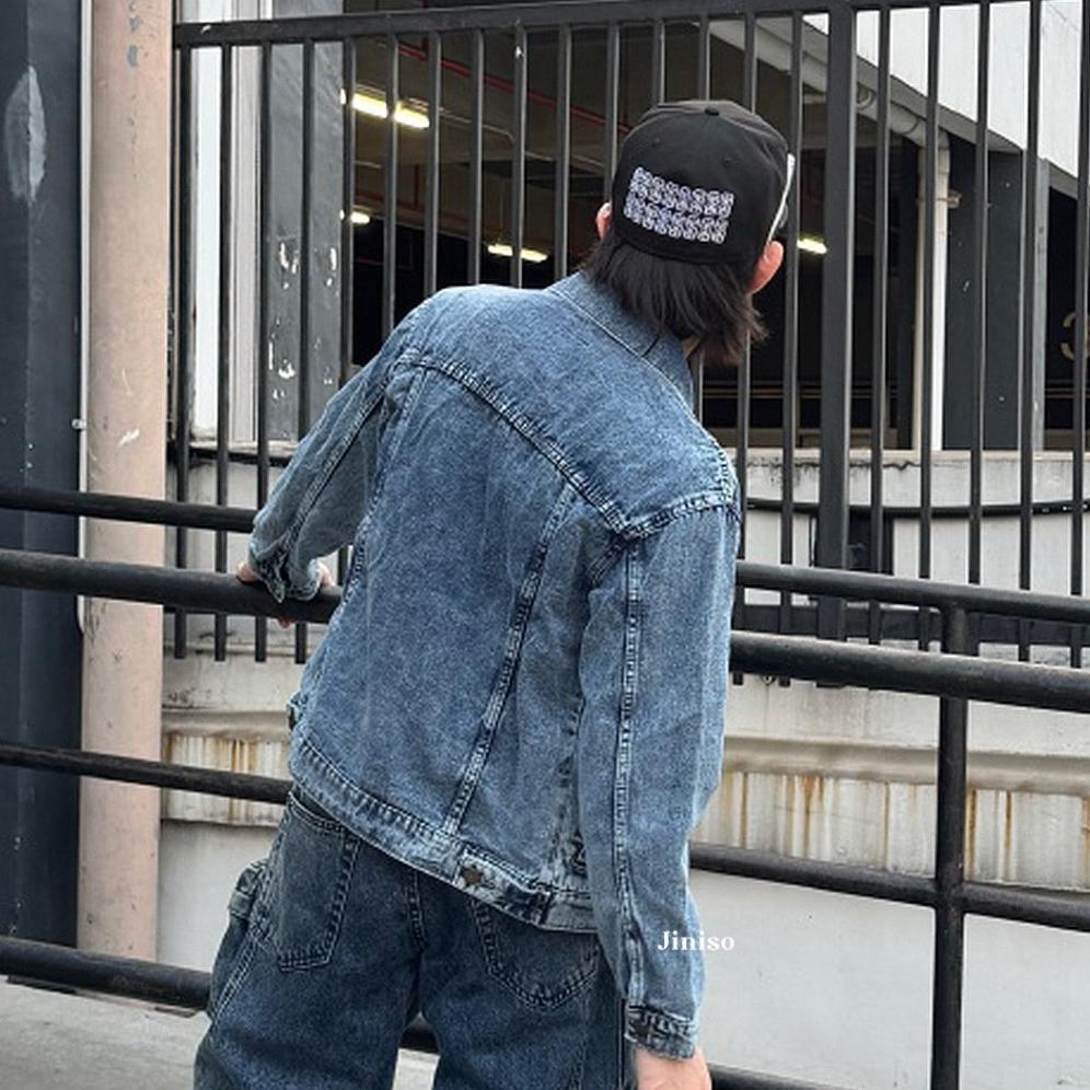 BESTPROMO JINISO - Denim Pria Jaket Jeans Oversize Vintage Blue Acid