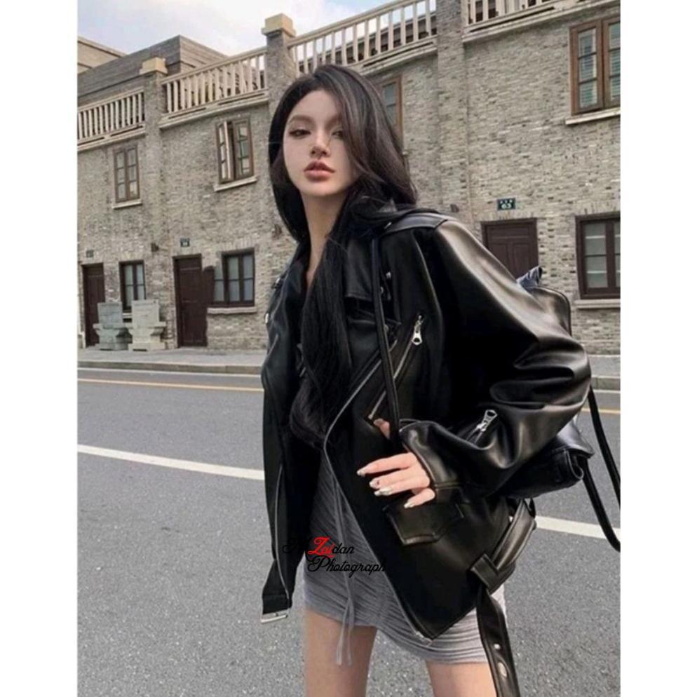 TERMURAH Jaket Wanita Vintage Kulit Sintetis Basis Ramones Punk Leather Korean Style Terbaru