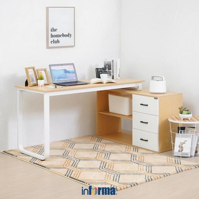 Informa Ivler Meja Kantor - Putih/Cokelat Oak Meja Kerja Meja Belajar Laci Rak Buku Tempat Kerja Per