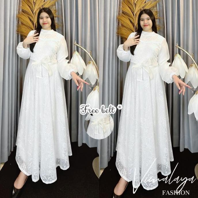 Gamis Brokat Putih Kombinasi Organza 6291 Baju Muslim Vima