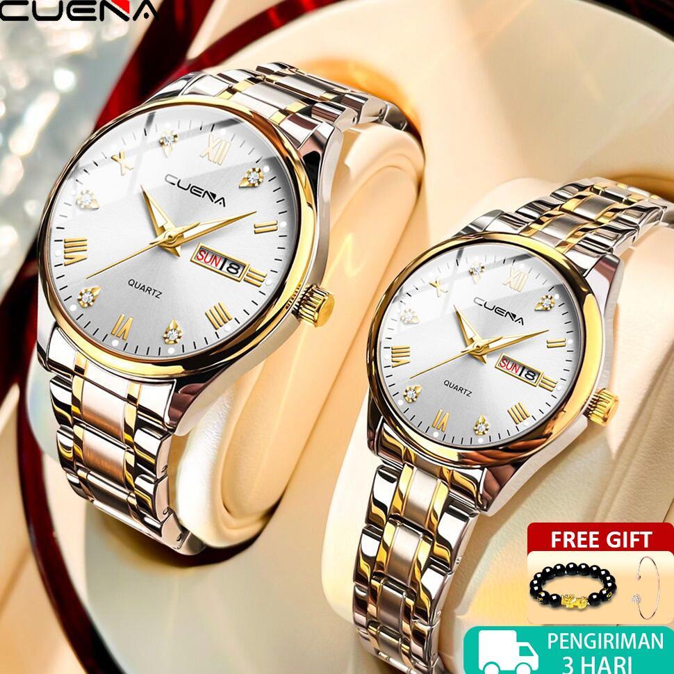 CUENA Jam Tangan Couple Pasangan Anti Air Original Kalender Bercahaya Stainless Steel Analog Jam unt
